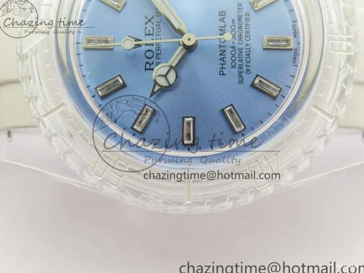 KZF Best Transparent on Phantomlab Rubber Edition VR3135 Dial Blue Light Strap White Submariner 0219